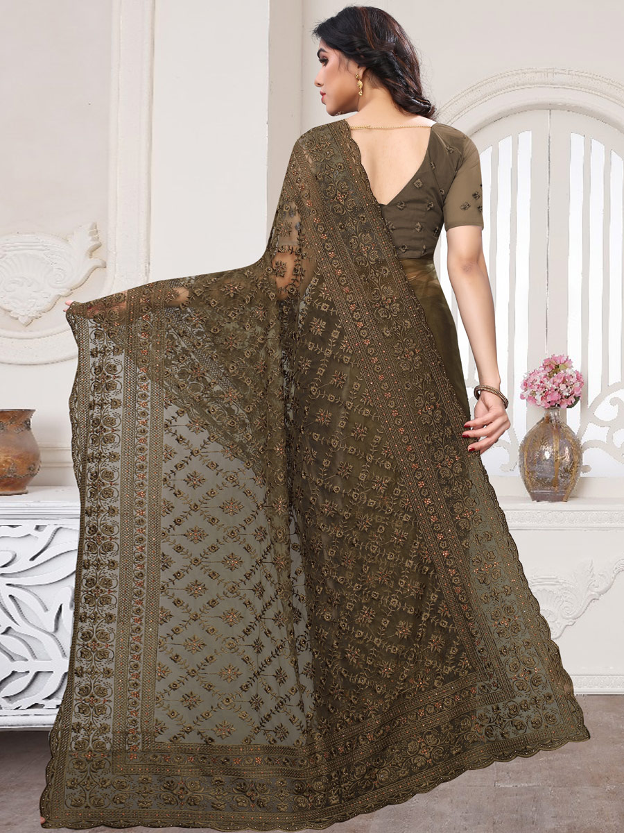 Olive Green Net Embroidered Party Saree