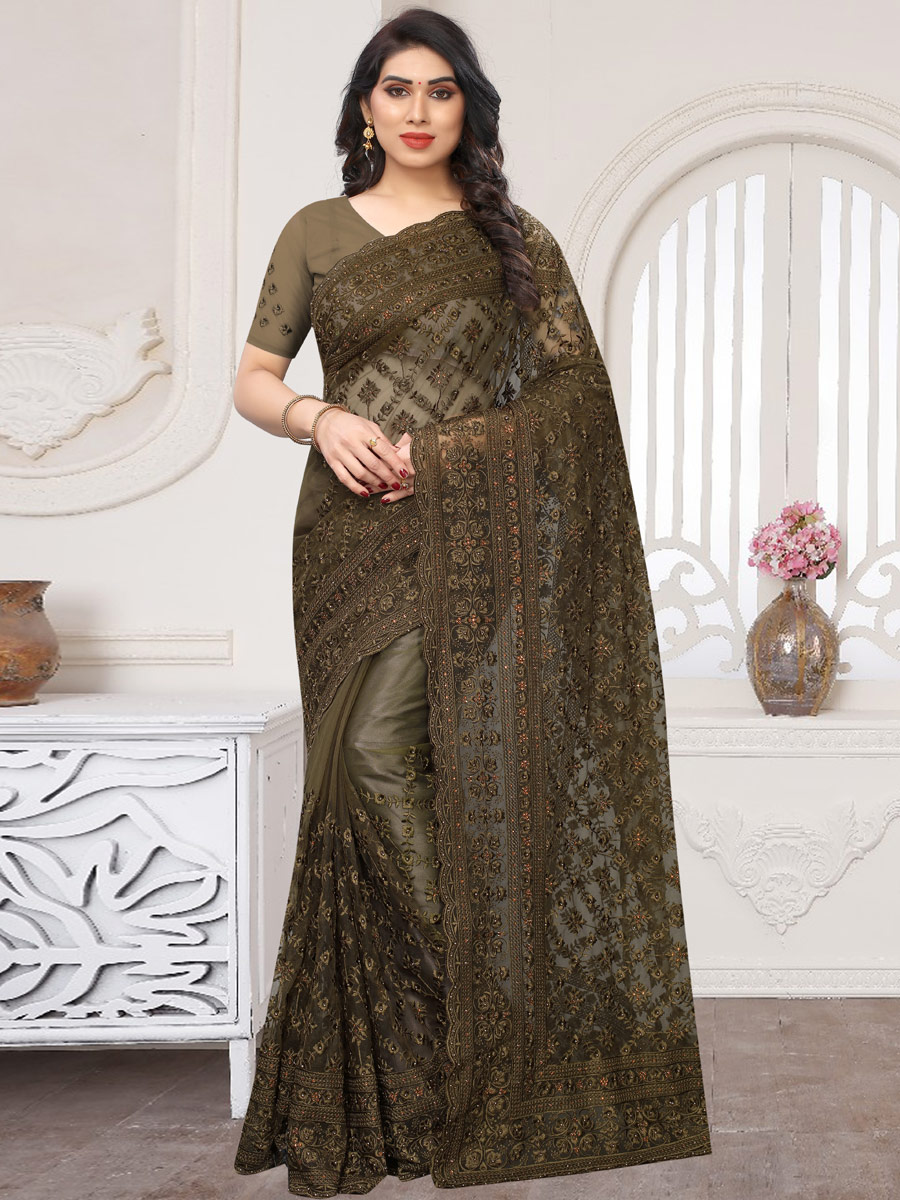 Olive Green Net Embroidered Party Saree