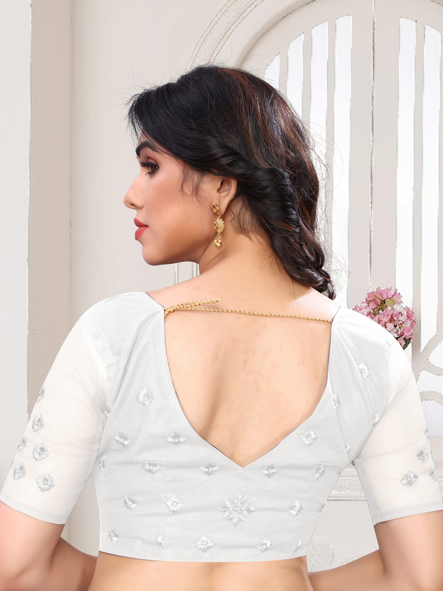 White Net Embroidered Party Saree