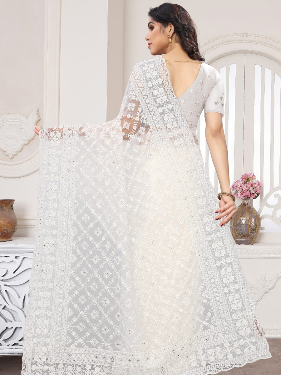 White Net Embroidered Party Saree