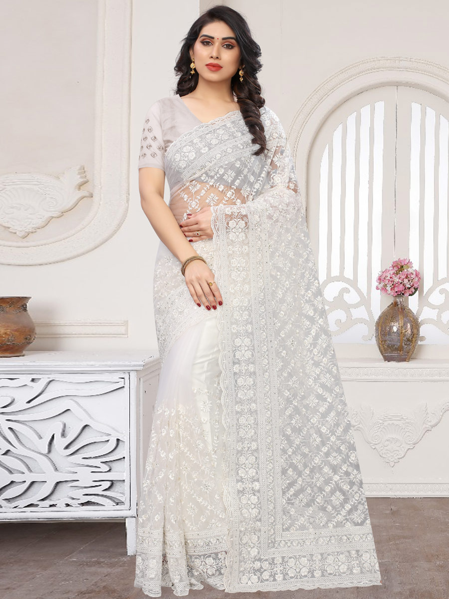 White Net Embroidered Party Saree