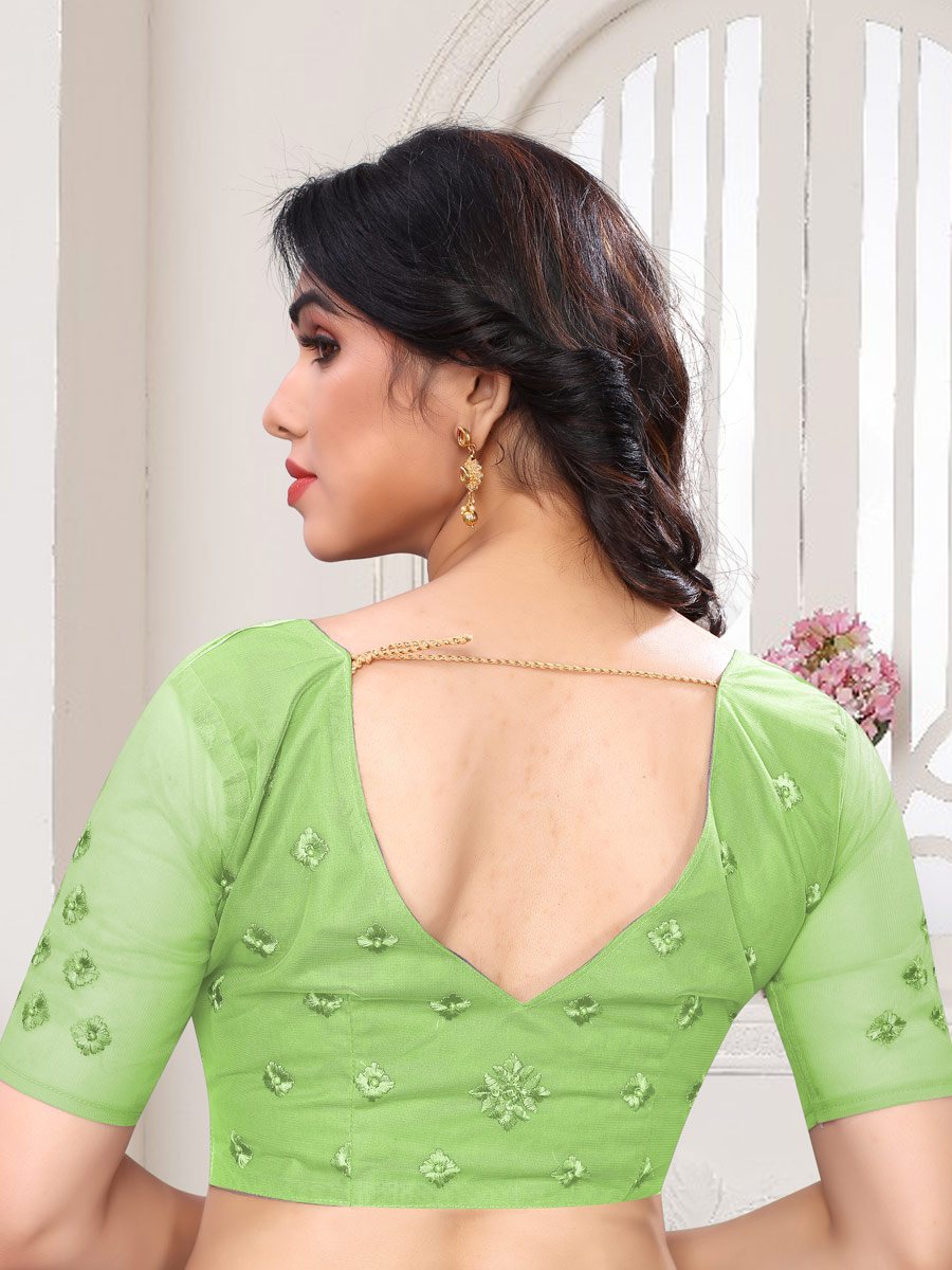 Parrot Green Net Embroidered Party Saree