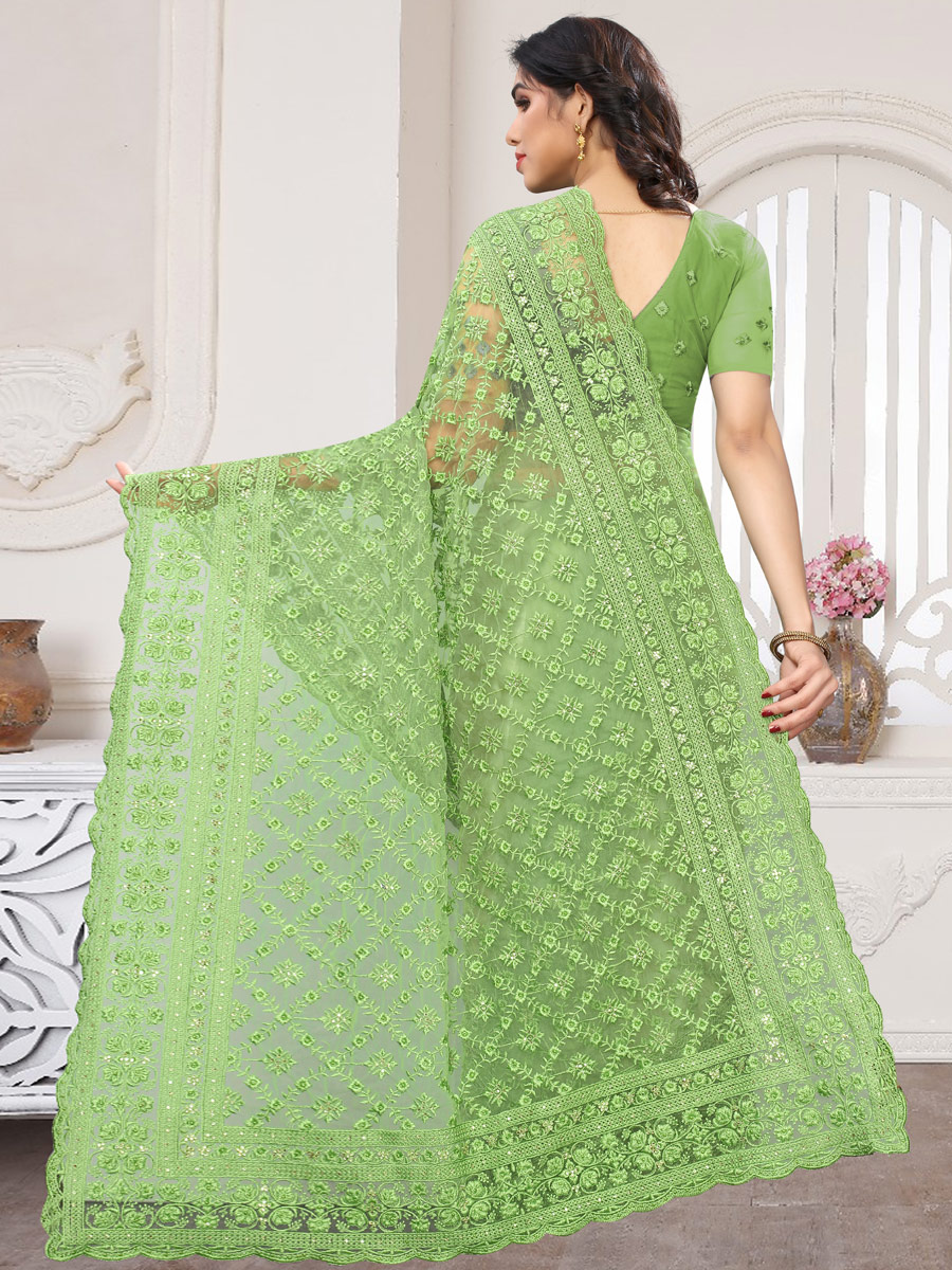 Parrot Green Net Embroidered Party Saree