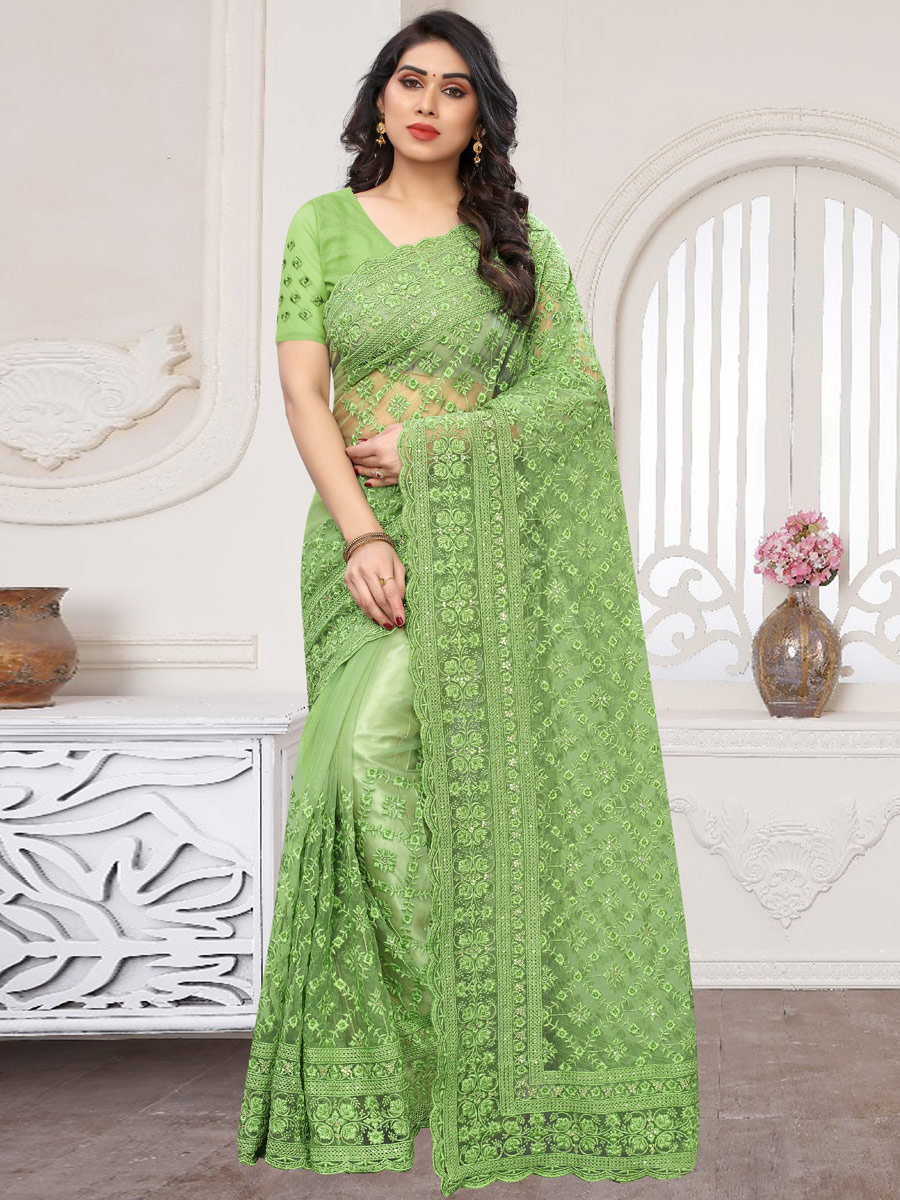 Parrot Green Net Embroidered Party Saree