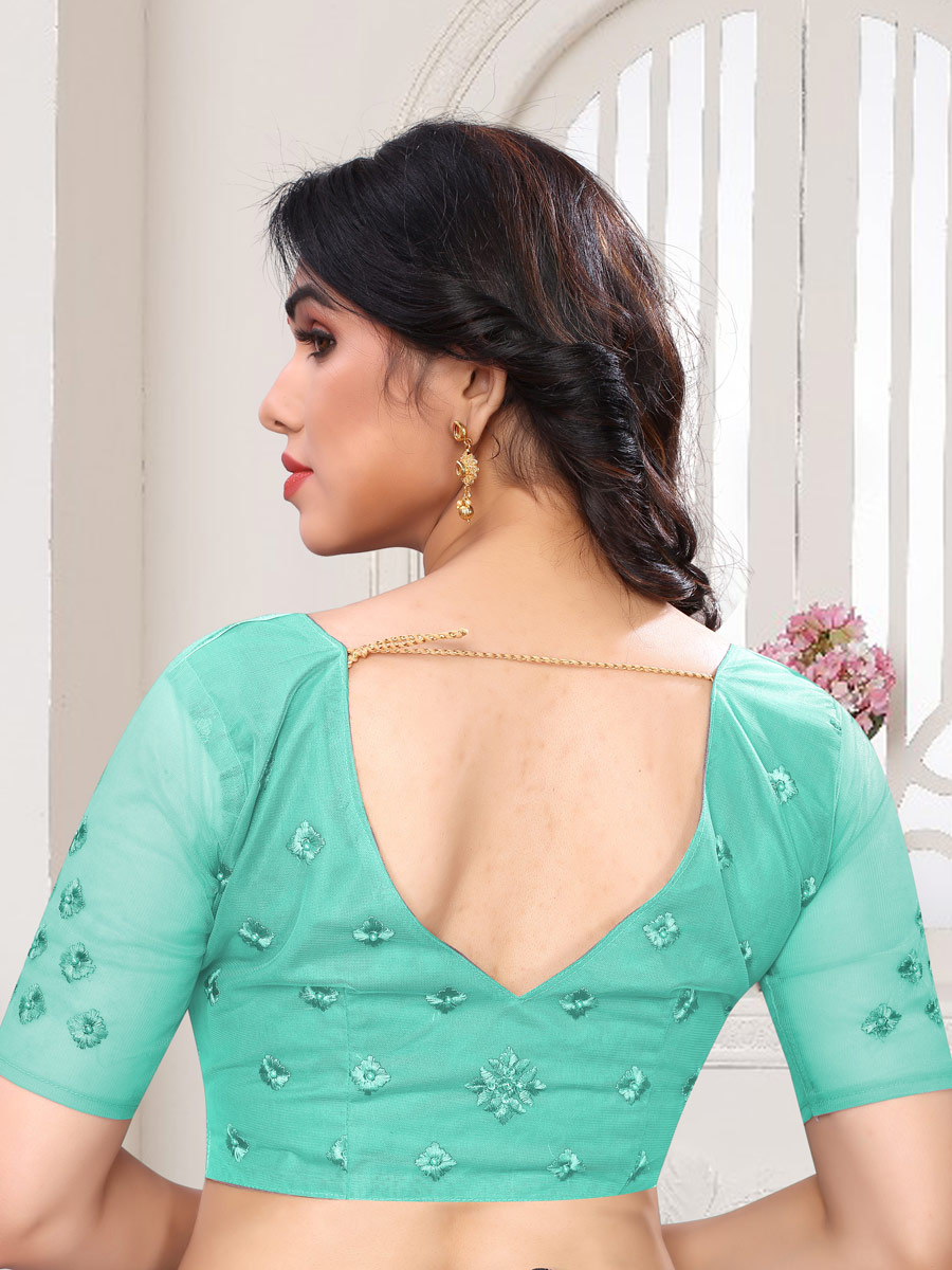 Sky Blue Net Embroidered Party Saree