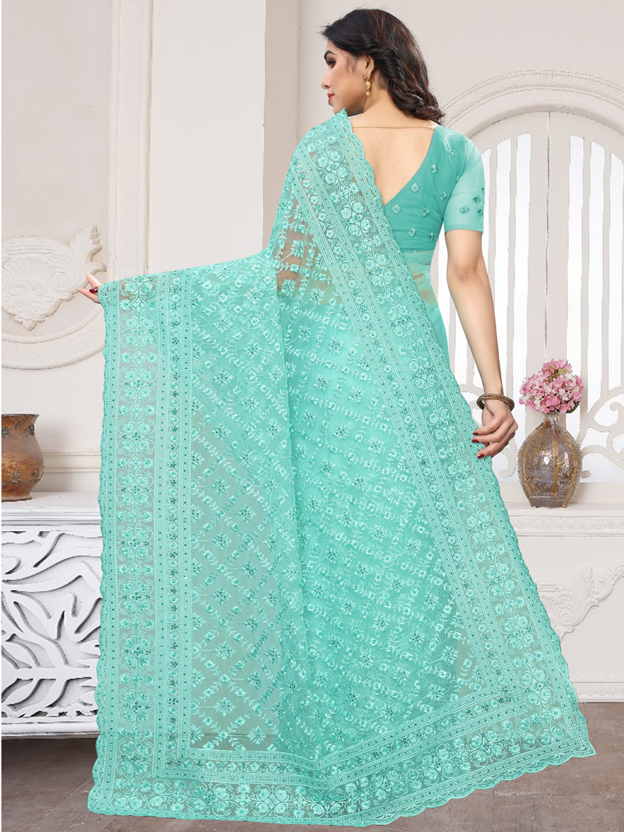 Sky Blue Net Embroidered Party Saree