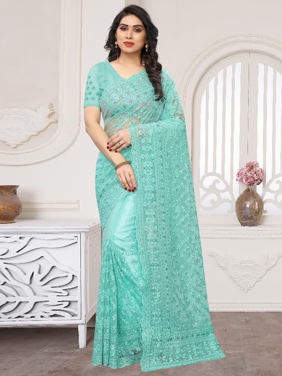 Sky Blue Net Embroidered Party Saree