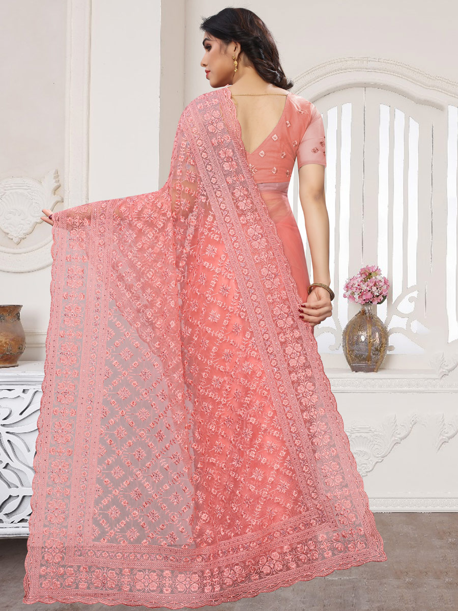 Brink Pink Net Embroidered Party Saree