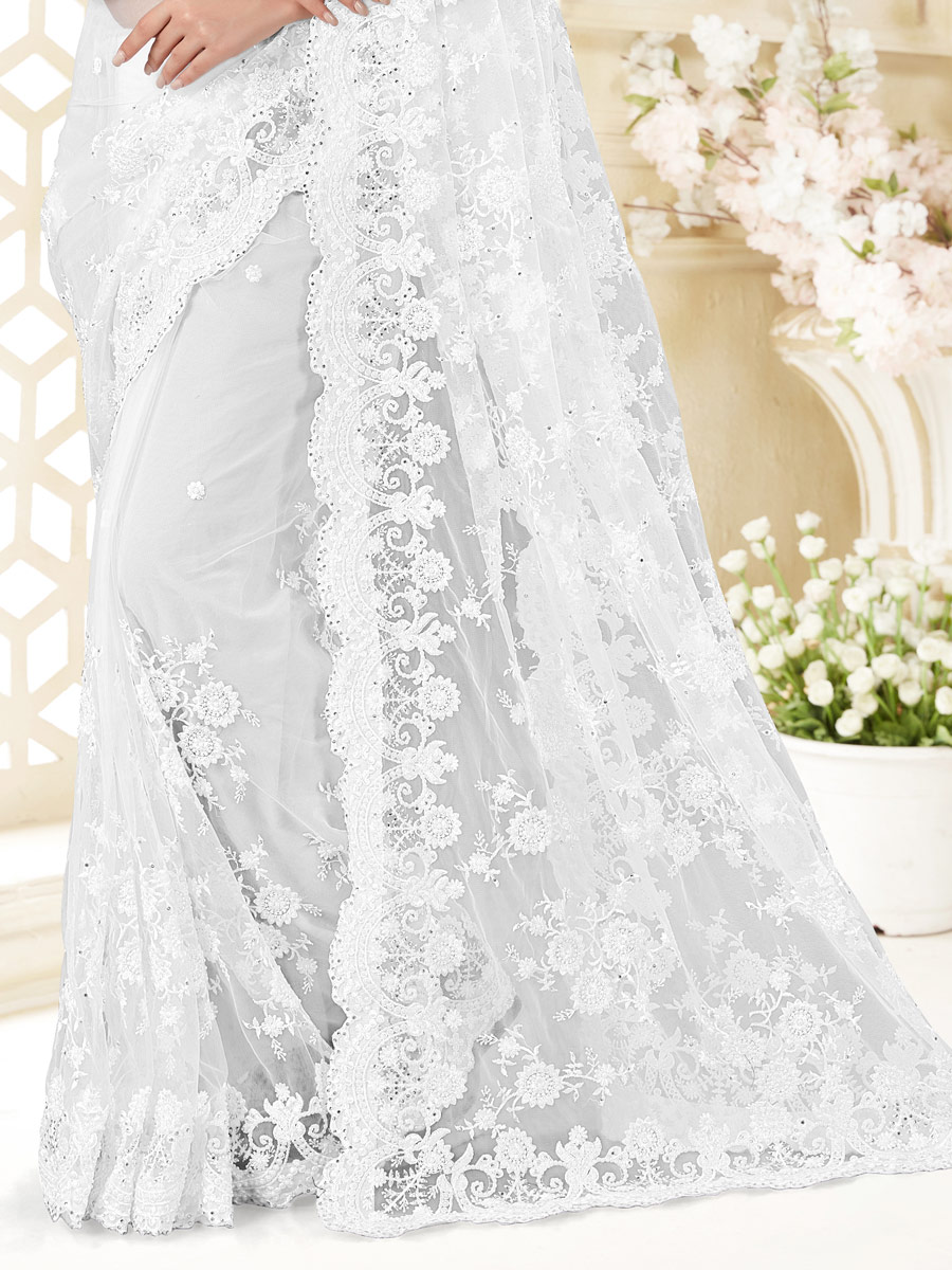 White Net Embroidered Festival Saree