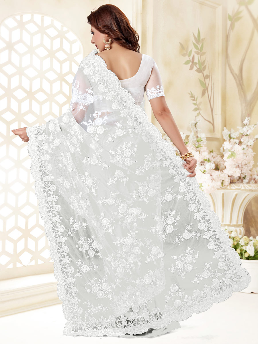 White Net Embroidered Festival Saree
