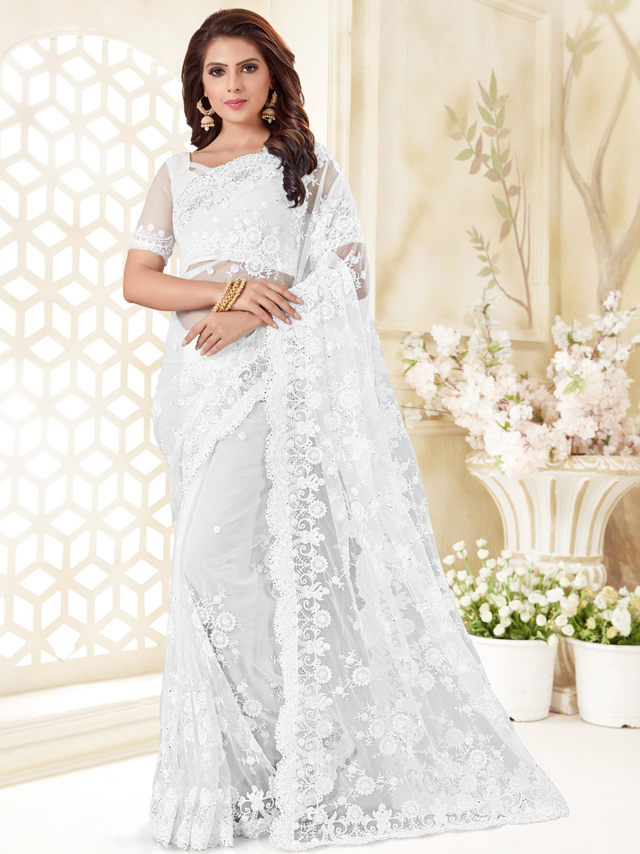 White Net Embroidered Festival Saree