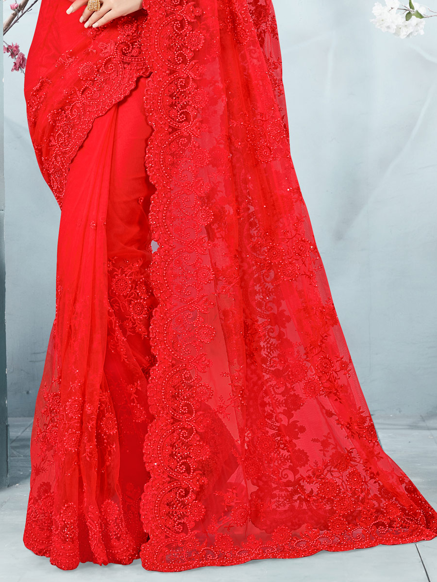 Vermilion Red Net Embroidered Festival Saree
