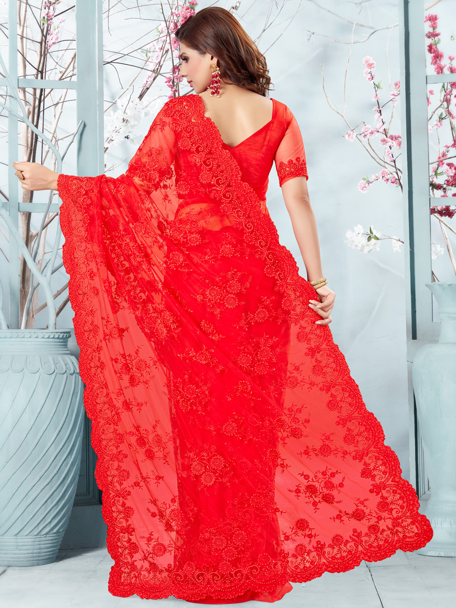 Vermilion Red Net Embroidered Festival Saree
