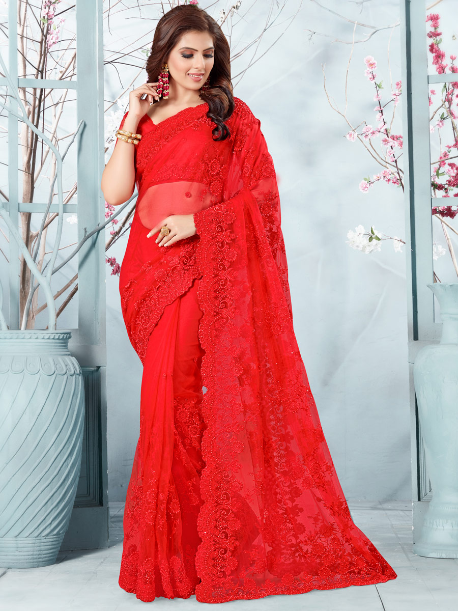 Vermilion Red Net Embroidered Festival Saree