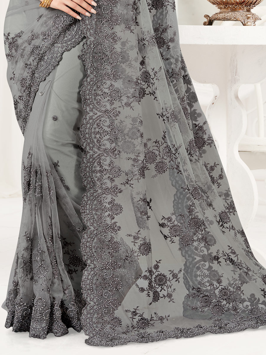 Gray Net Embroidered Festival Saree