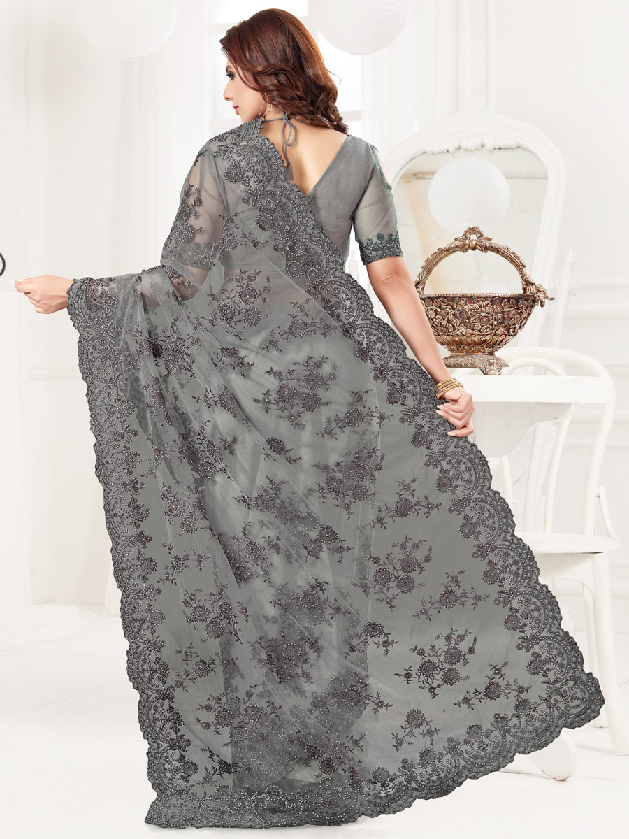 Gray Net Embroidered Festival Saree