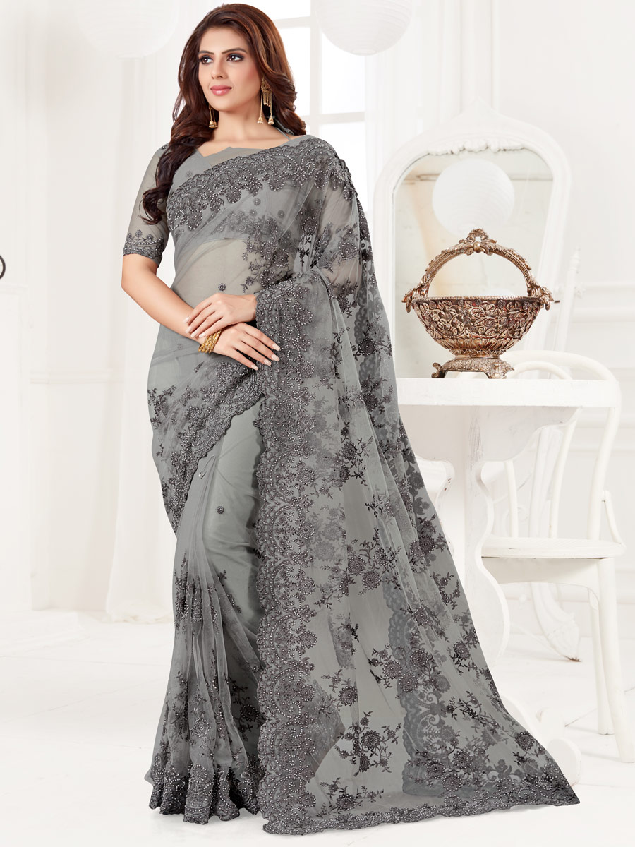 Gray Net Embroidered Festival Saree