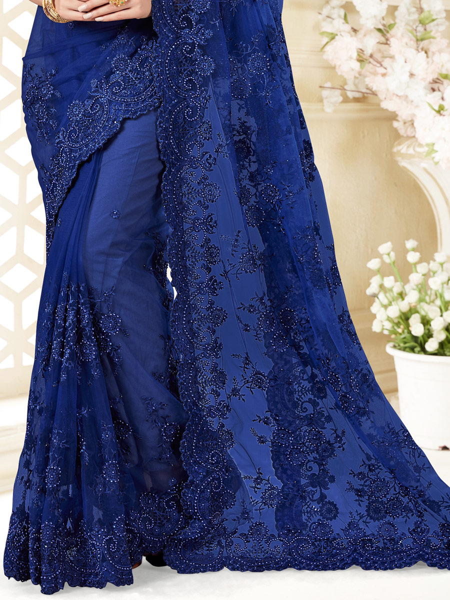 Navy Blue Net Embroidered Festival Saree