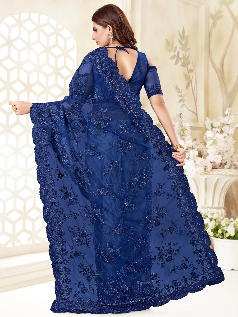 Navy Blue Net Embroidered Festival Saree