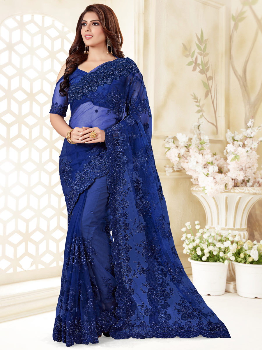 Navy Blue Net Embroidered Festival Saree