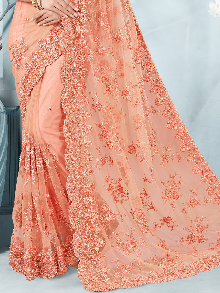 Coral Pink Net Embroidered Festival Saree