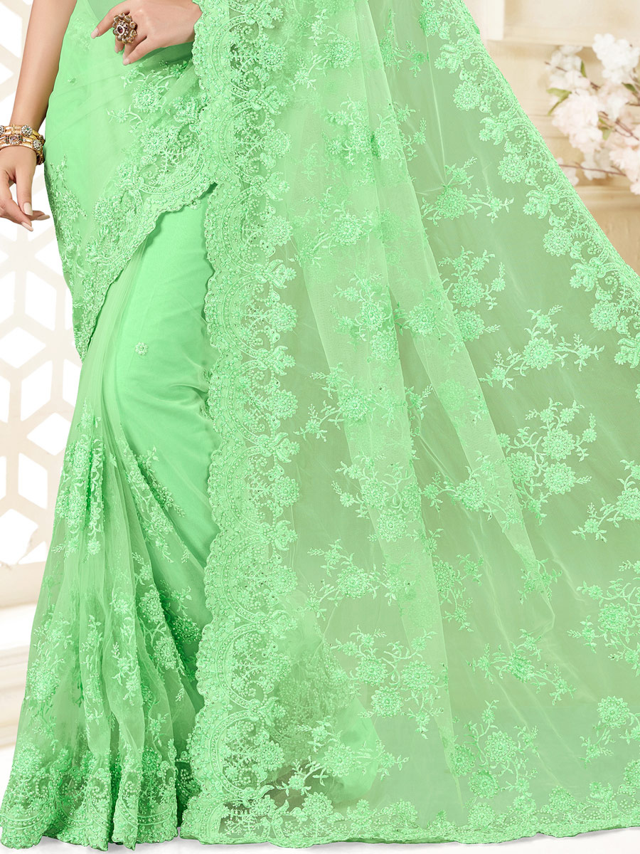 Light Green Net Embroidered Festival Saree
