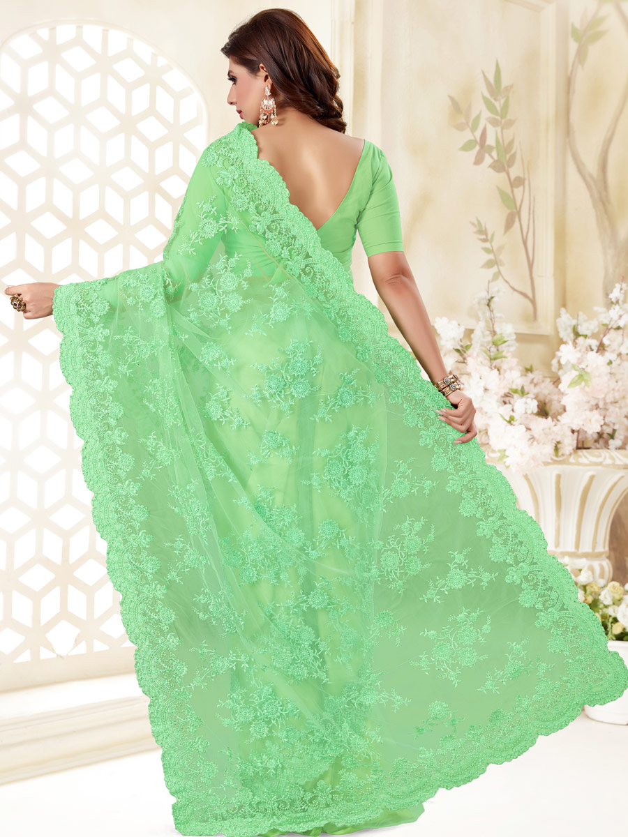 Light Green Net Embroidered Festival Saree