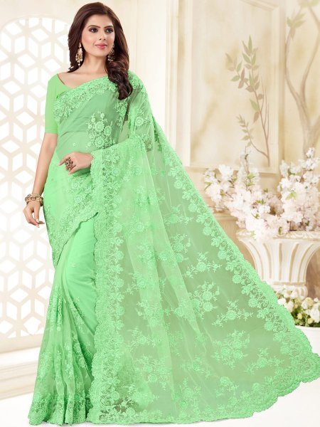 Light Green Net Embroidered Festival Saree