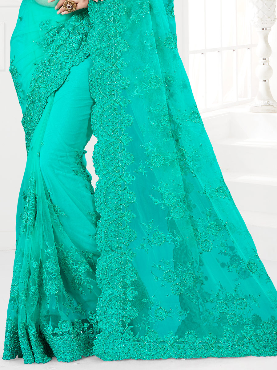 Turquoise Blue Net Embroidered Festival Saree