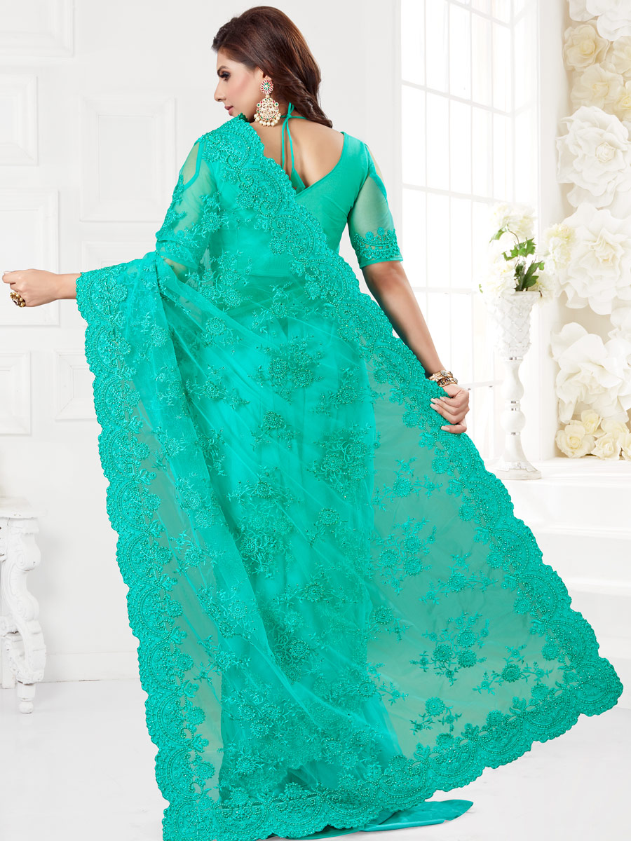 Turquoise Blue Net Embroidered Festival Saree