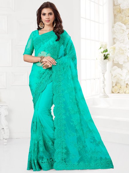 Turquoise Blue Net Embroidered Festival Saree