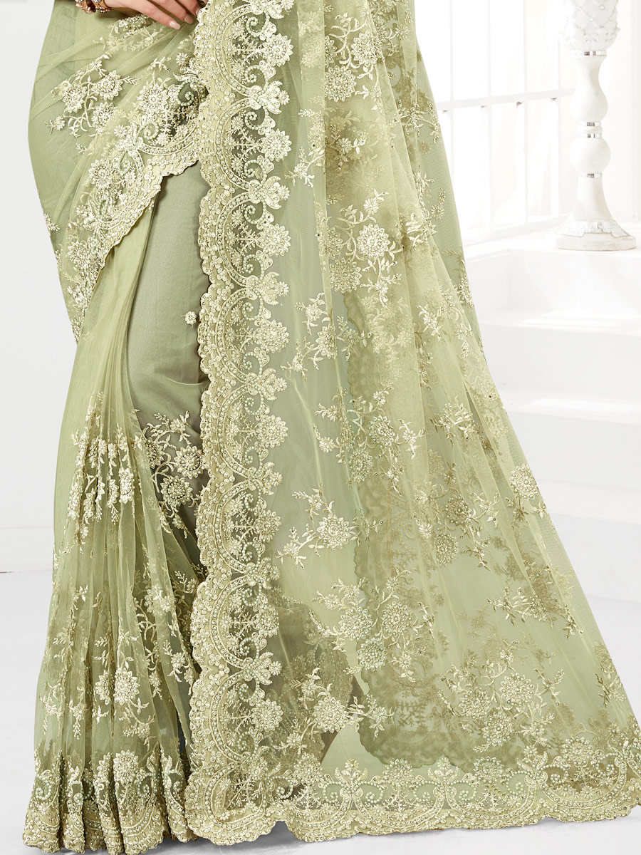 Asparagus Green Net Embroidered Festival Saree