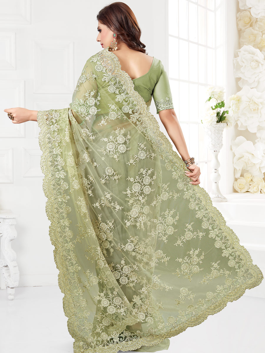 Asparagus Green Net Embroidered Festival Saree