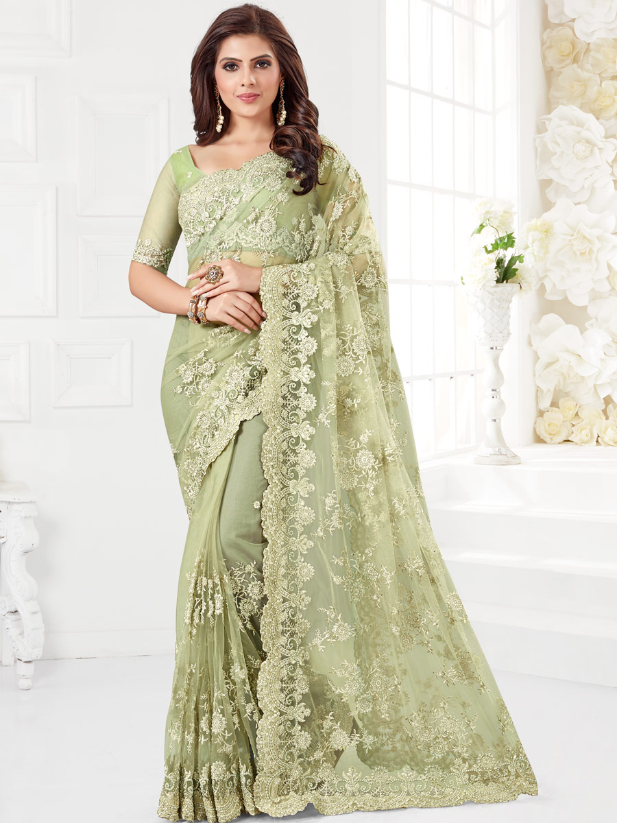 Asparagus Green Net Embroidered Festival Saree