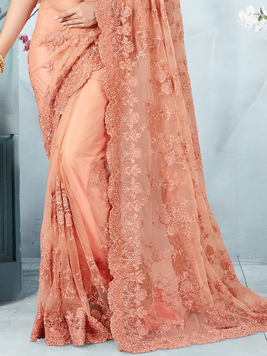 Coral Pink Net Embroidered Festival Saree
