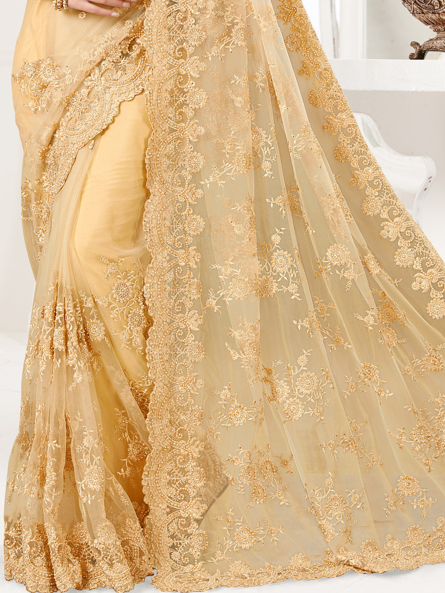 Beige Yellow Net Embroidered Festival Saree
