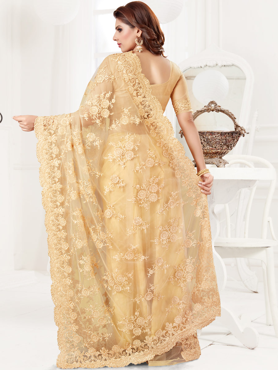 Beige Yellow Net Embroidered Festival Saree