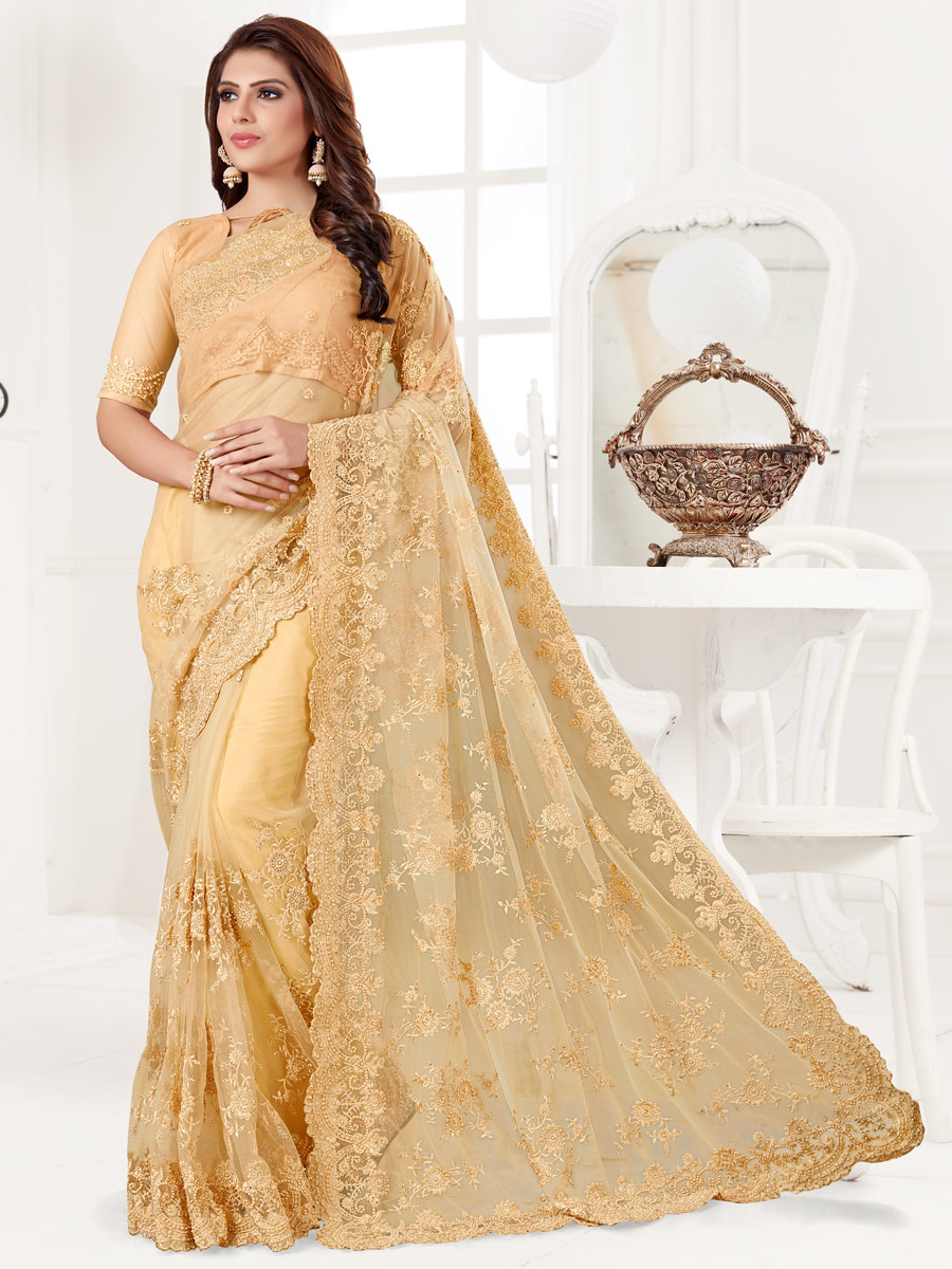 Beige Yellow Net Embroidered Festival Saree