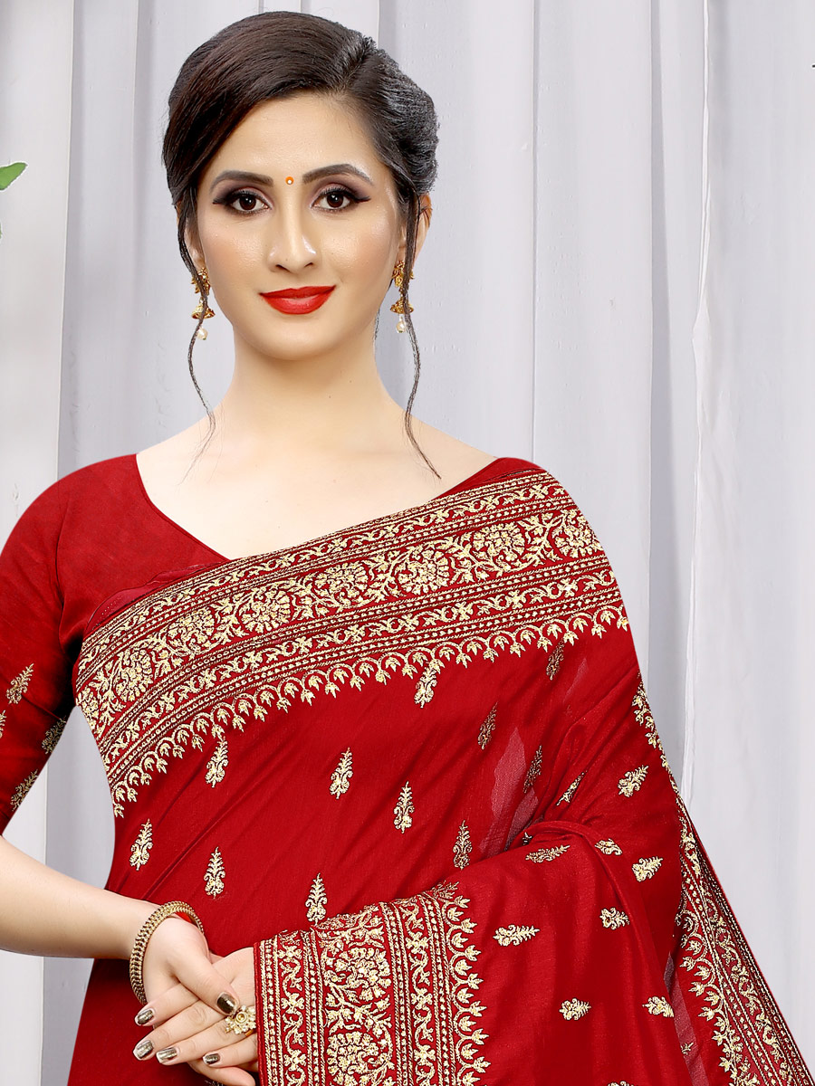 Venetian Red Vichitra Silk Embroidered Party Saree