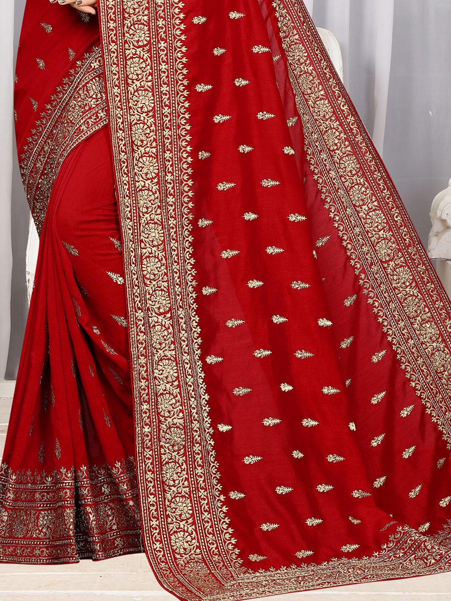 Venetian Red Vichitra Silk Embroidered Party Saree
