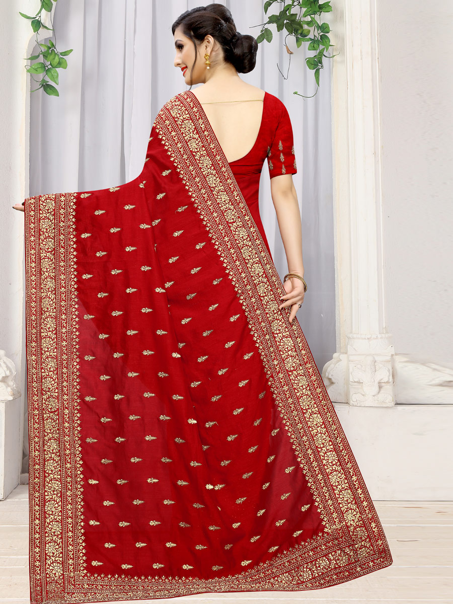 Venetian Red Vichitra Silk Embroidered Party Saree