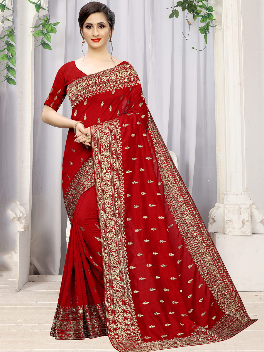 Venetian Red Vichitra Silk Embroidered Party Saree