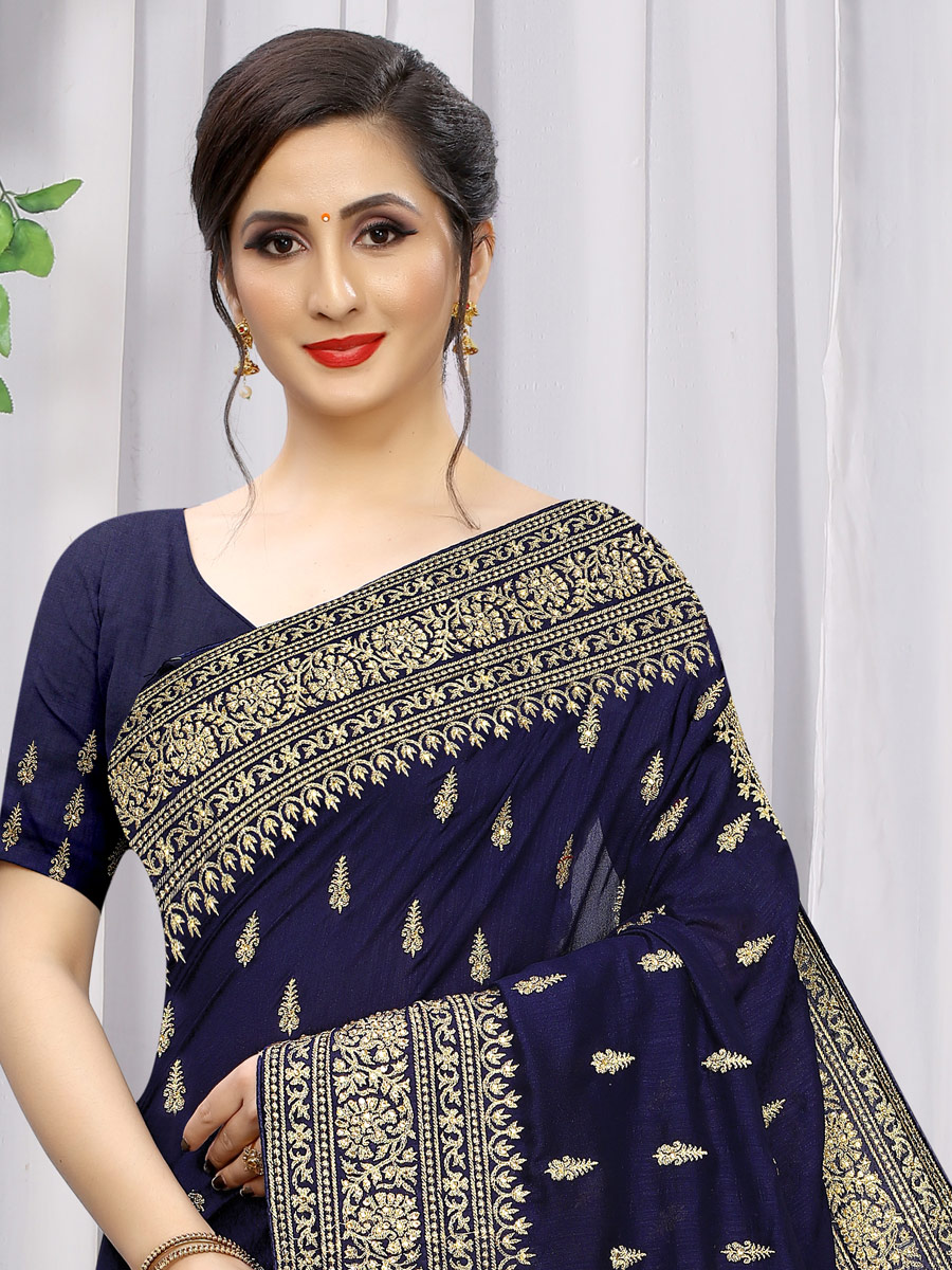 Navy Blue Vichitra Silk Embroidered Party Saree