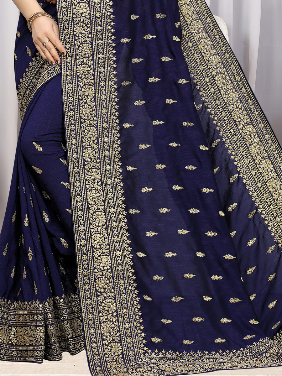 Navy Blue Vichitra Silk Embroidered Party Saree