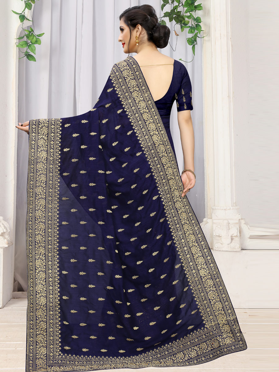 Navy Blue Vichitra Silk Embroidered Party Saree