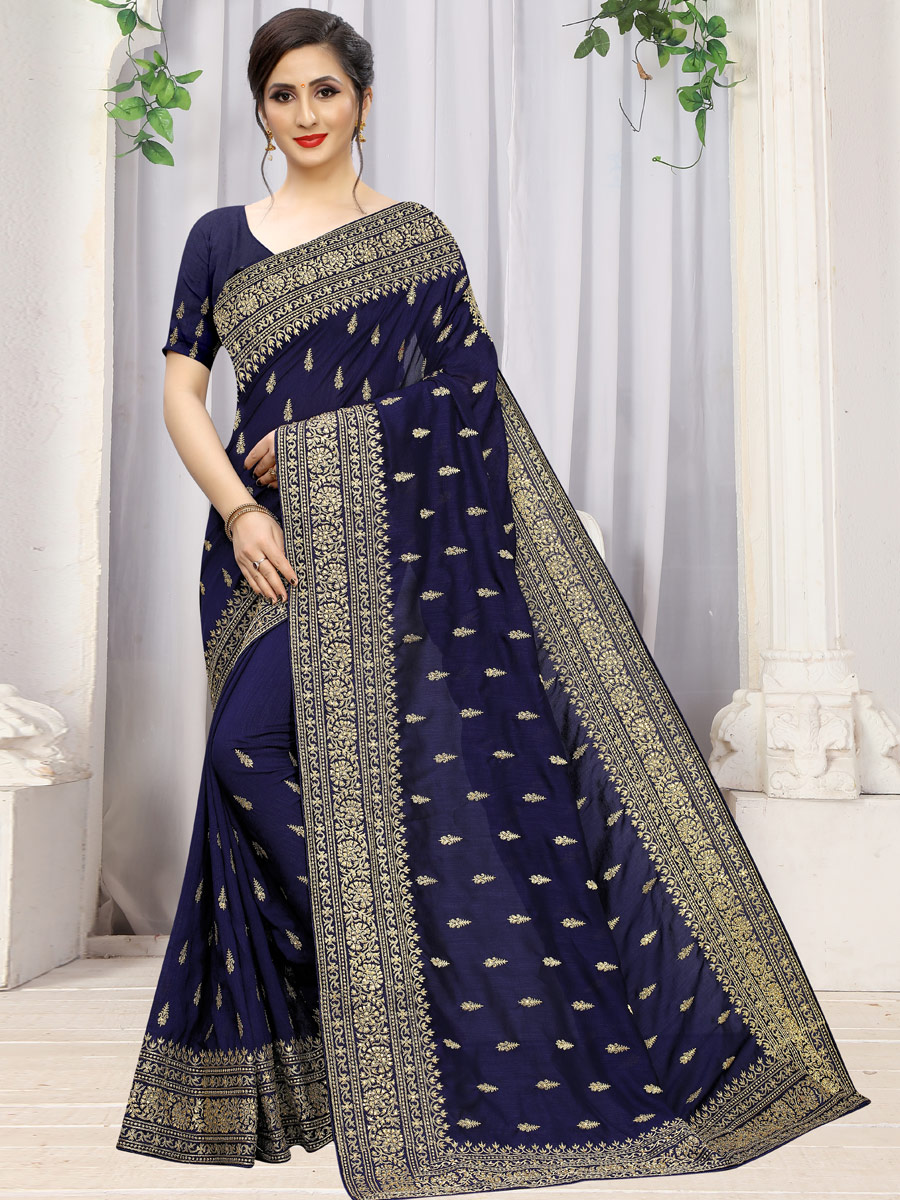 Navy Blue Vichitra Silk Embroidered Party Saree