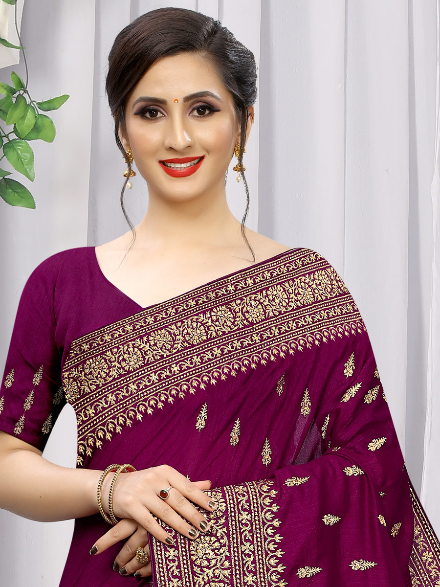 Wine Red Vichitra Silk Embroidered Party Saree