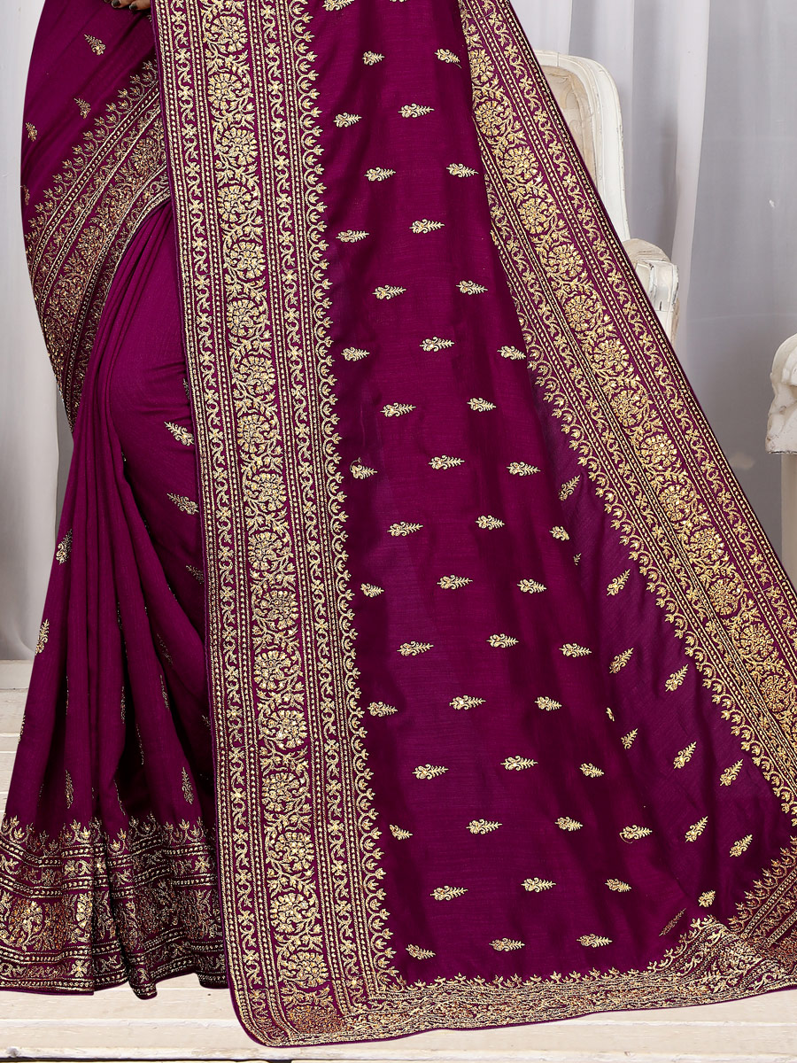 Wine Red Vichitra Silk Embroidered Party Saree