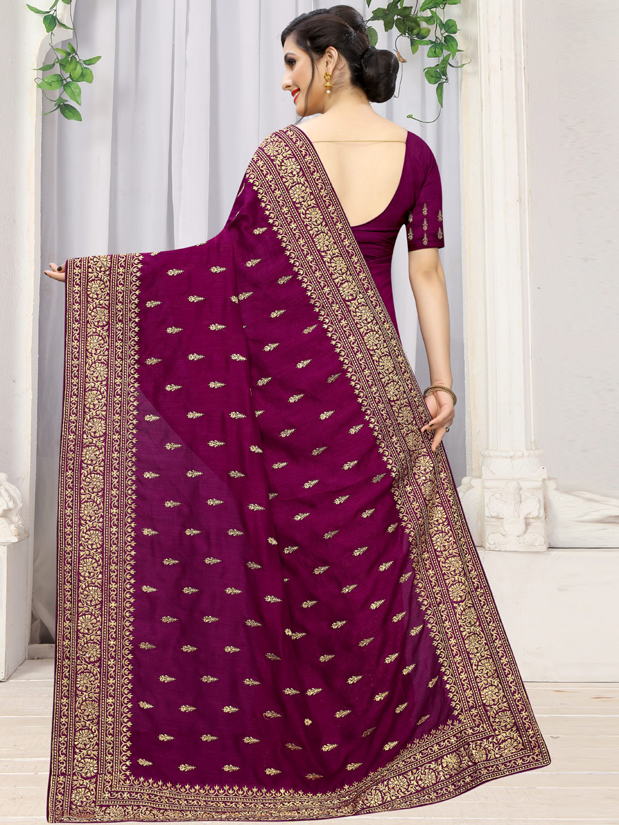 Wine Red Vichitra Silk Embroidered Party Saree