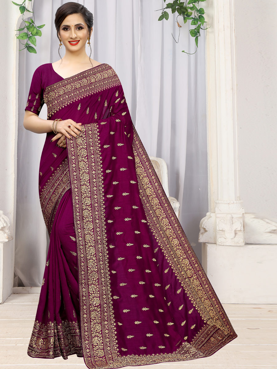 Wine Red Vichitra Silk Embroidered Party Saree